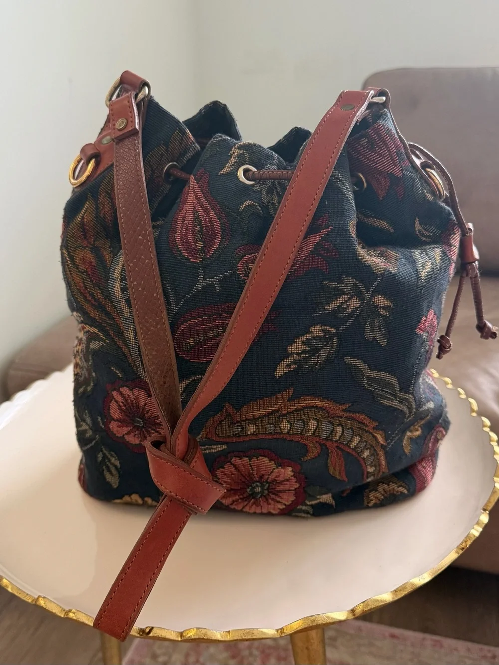 Vtg Ponte Vecchio Tapestry Floral Bucket Bag Drawstring Made in USA AS IS